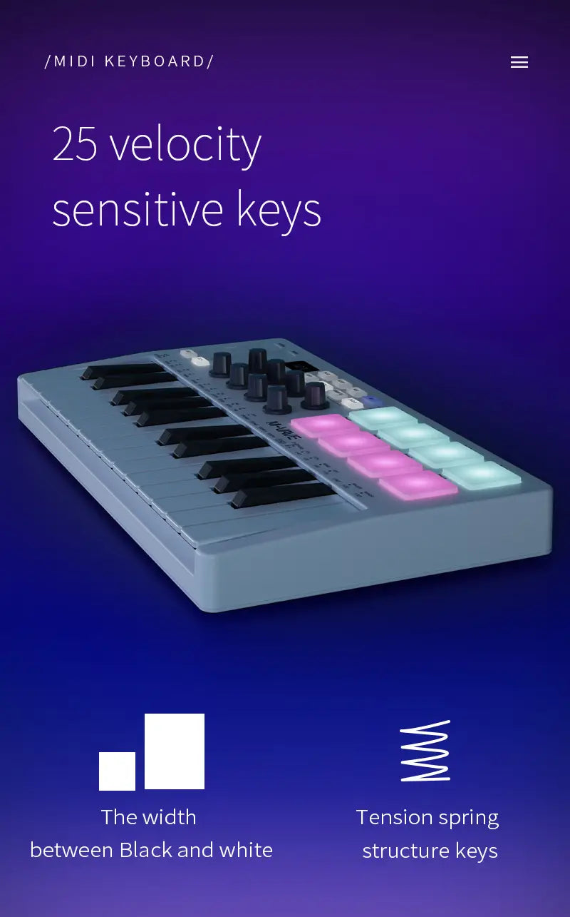 M-vave SMK-25 Mini 25 Keys Wireless / USB MIDI Keyboard Controller With 8 Backlit Drum Pads 8 Knobs and 2 Touch Stripes