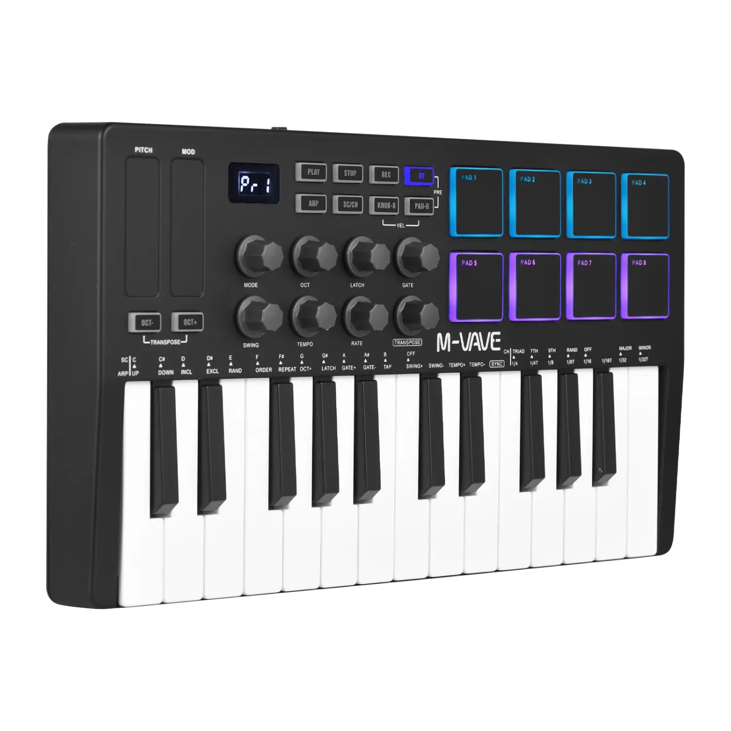 M-vave SMK-25 Mini 25 Keys Wireless / USB MIDI Keyboard Controller With 8 Backlit Drum Pads 8 Knobs and 2 Touch Stripes