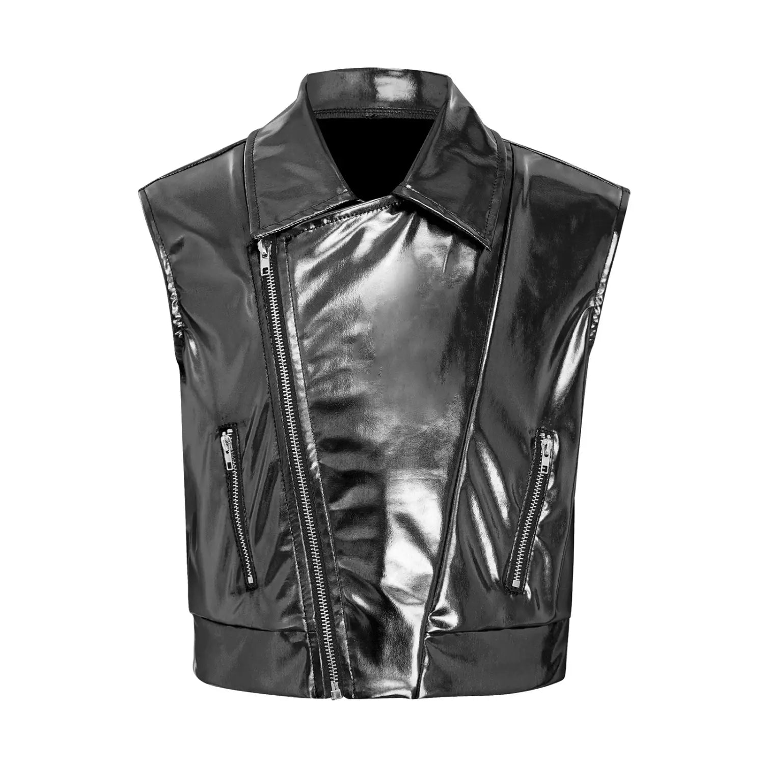 Kids Boys Girls Hip Hop Jazz Dance Performance Costume Turn-Down Collar Vest Zipper Metallic Jacket Tops Sleeveless Outerwear