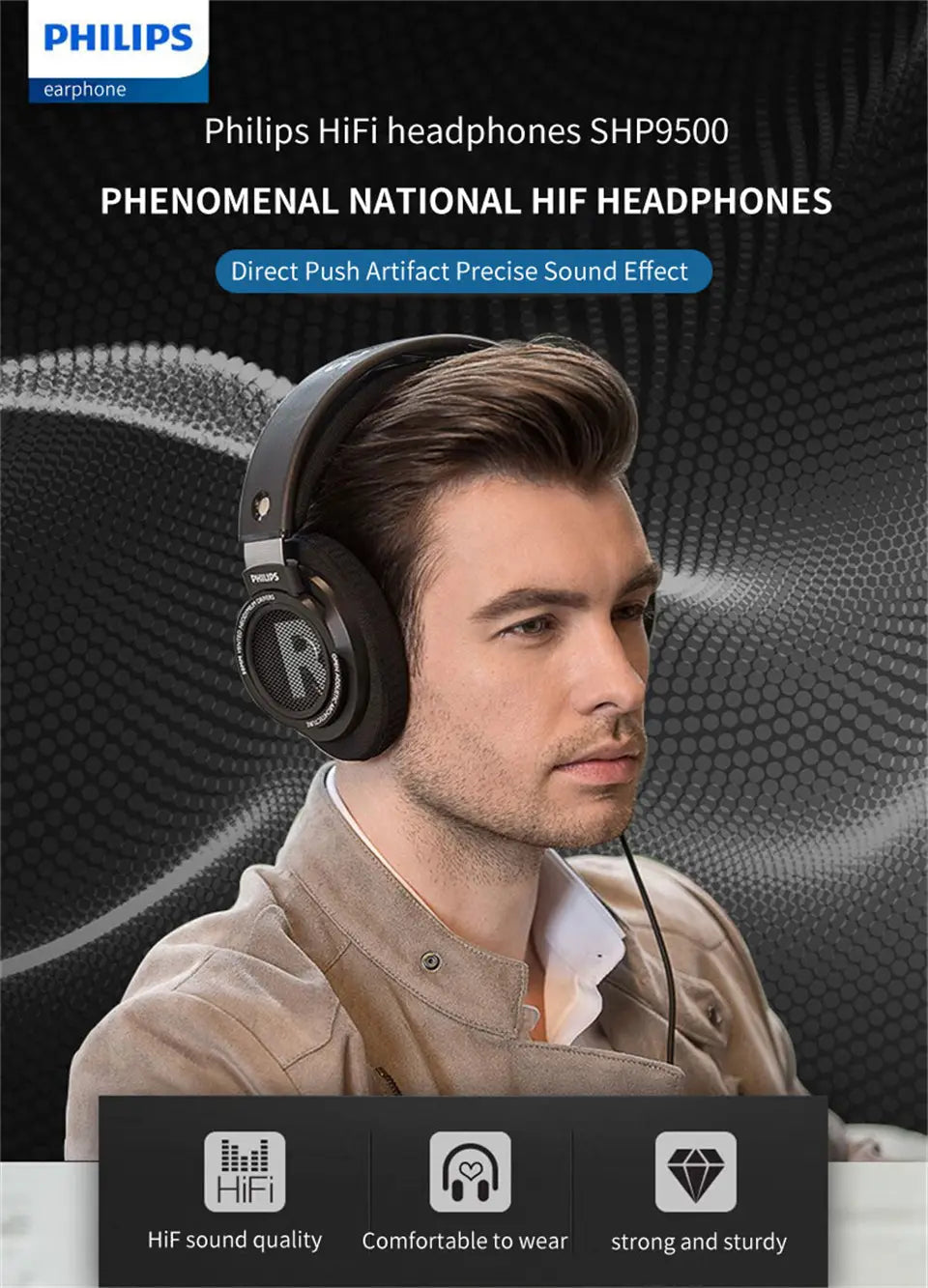 Philips SHP9500 Wired Headphones HiFi Stereo Music Earphone 3.5mm 6.3mm Interface Computer Laptop Mobile Phone Universal Headset