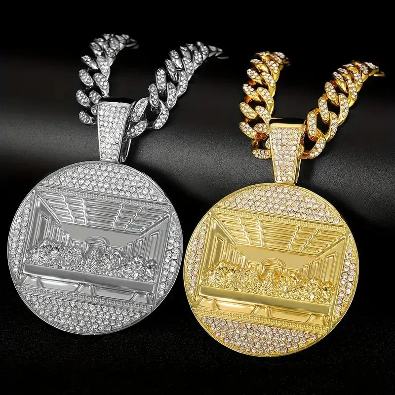Hip Hop Last Supper Round Pendant Necklace Ice Crystal High Quality 13MM Cuban Chain Rap Jewelry Men and Women Gift