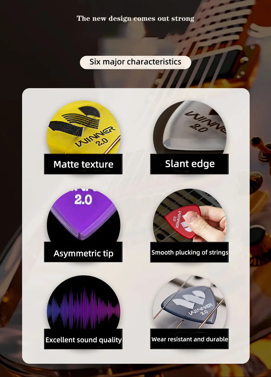 Winner Hybrid Polycarbon Guitar Picks 6/12Pcs 2.0MM for Acoustic Electric Guitar with Round Metal Box Guitar Accessories