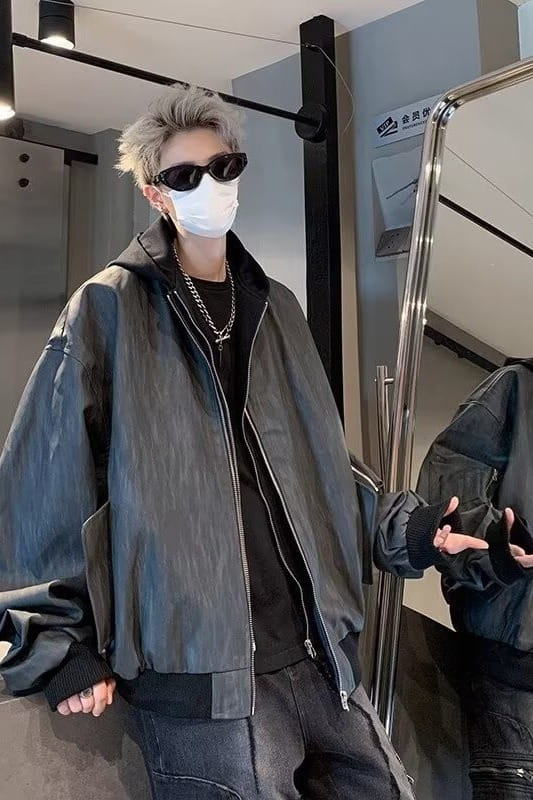 Hip Hop Style Fake Two-Piece Men’s Spring Autumn Baseball Jacket Pilot Coat Leather Shirt Trendy Handsome Hooded Coat