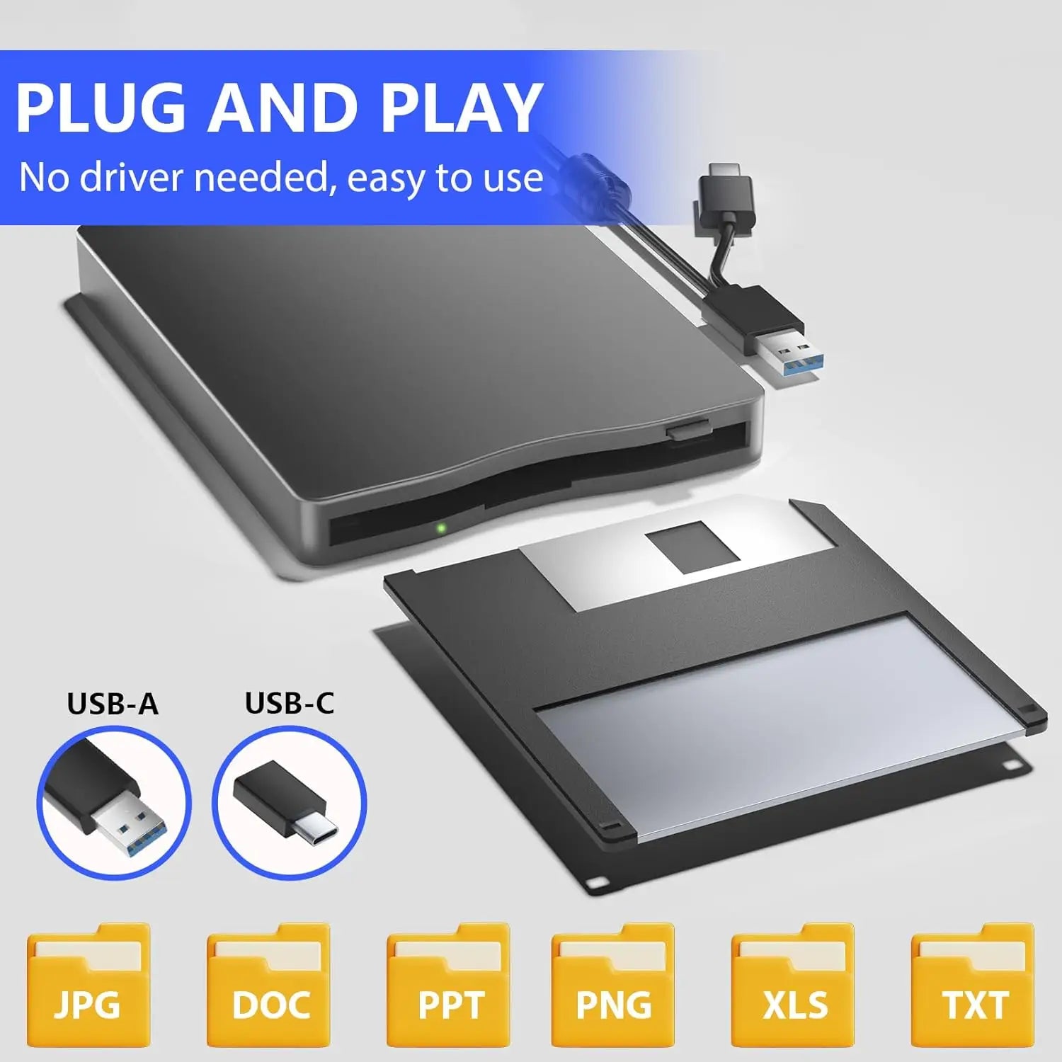 3.5 Inch External Floppy Disk Drive Portable USB 3.0 Type-C 1.44MB FDD Disk Reader for PC Laptop Desktop Windows 11/10/8/7/XP