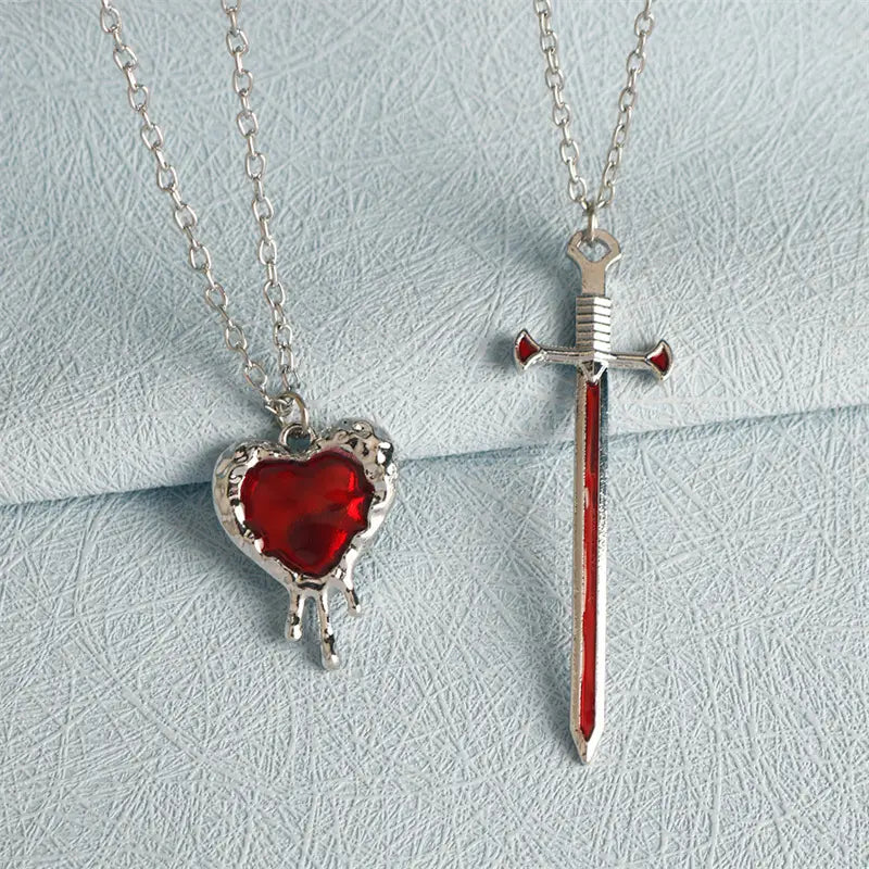 2pcs Swords Heart Pendant Necklaces for Women Men Cool Punk Heart Matching Necklaces Couple Friendship Fashion Jewelry Gift