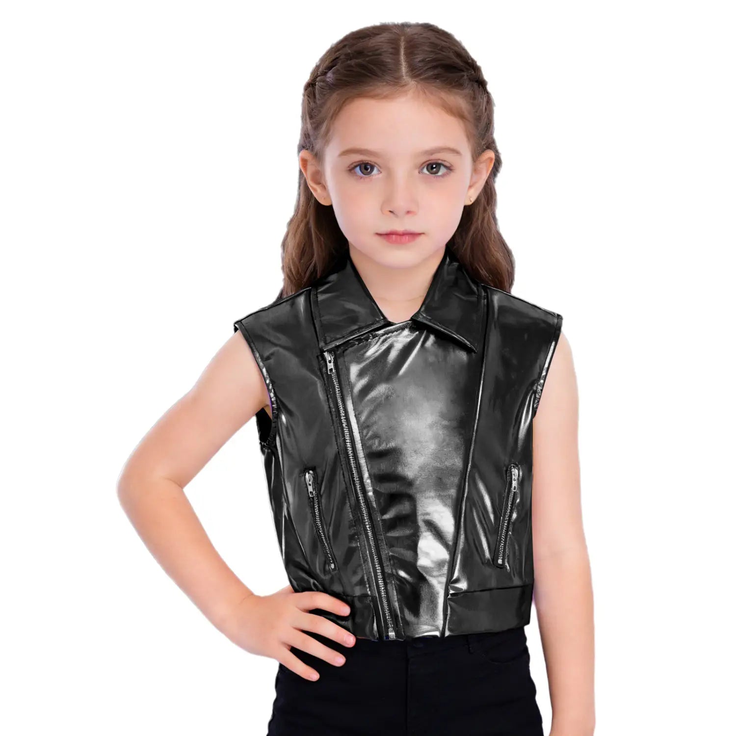 Kids Boys Girls Hip Hop Jazz Dance Performance Costume Turn-Down Collar Vest Zipper Metallic Jacket Tops Sleeveless Outerwear