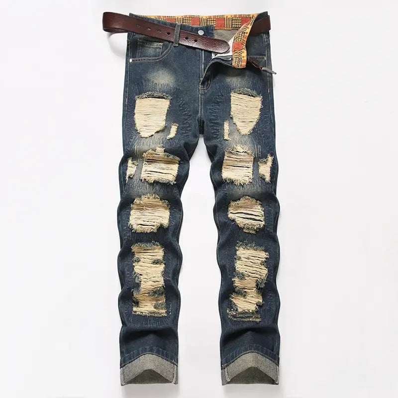 Hip-hop Ripped Men’s Jeans Spring New Rock Motorcycle Denim Pants Retro American Streetwear Hole Loose Straight Trousers