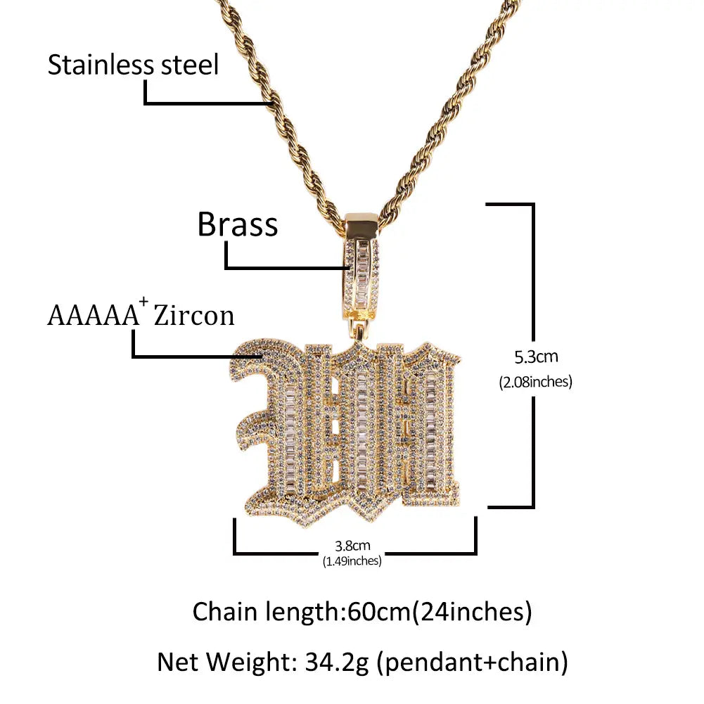 Hip Hop Micro Paved 5A+ Cubic Zirconia Bling Iced Out Old English Single CZ Letter Pendants Necklace for Men Rapper Jewelry