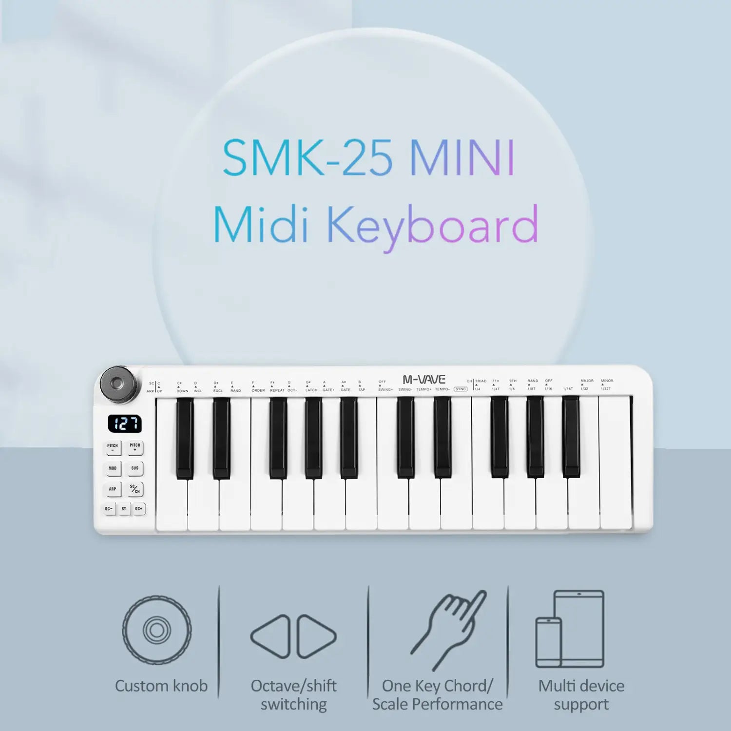 M-VAVE SMK-25mini MIDI Keyboard Rechargeable 25-Key MIDI Control Keyboard with 25 Velocity Sensitive Keys 1 Knob