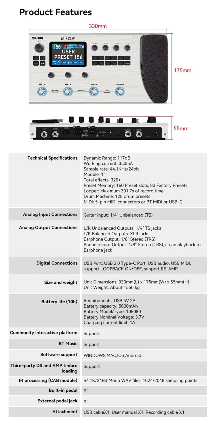 M-VAVE MK-300 Guitar Multi-Effects Pedal: 3.5’’ LCD/320 + FX/100 Cabs/120Amps/128 Drum Machine/Drum Machine/USB/XLR/MIDI