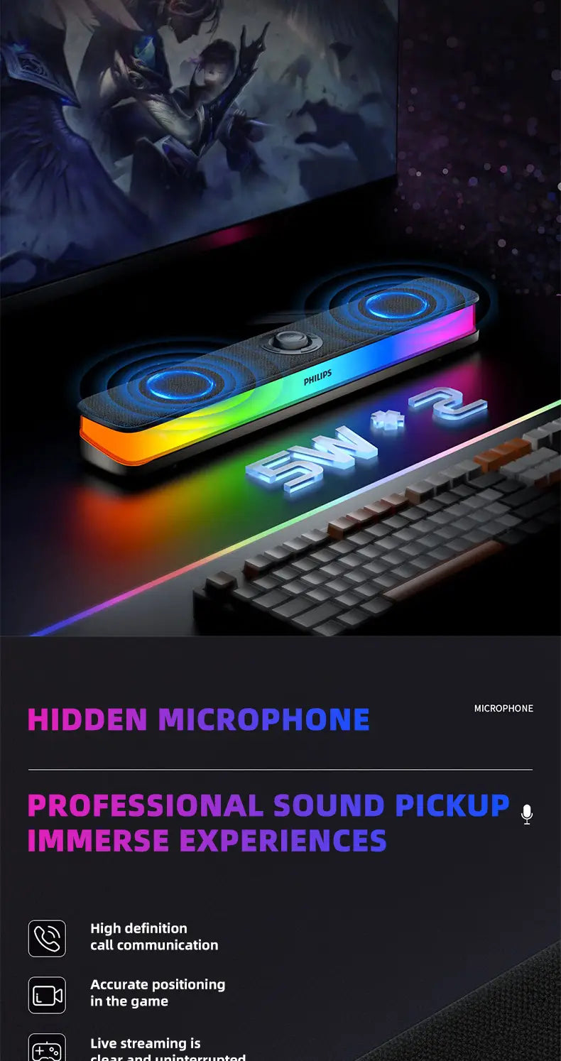 Philips SPA6109 Gaming Desktop Soundbar Full Screen RGB Noise Reduction Speaker with Mic Wired BT 5.3 Computer Sound System