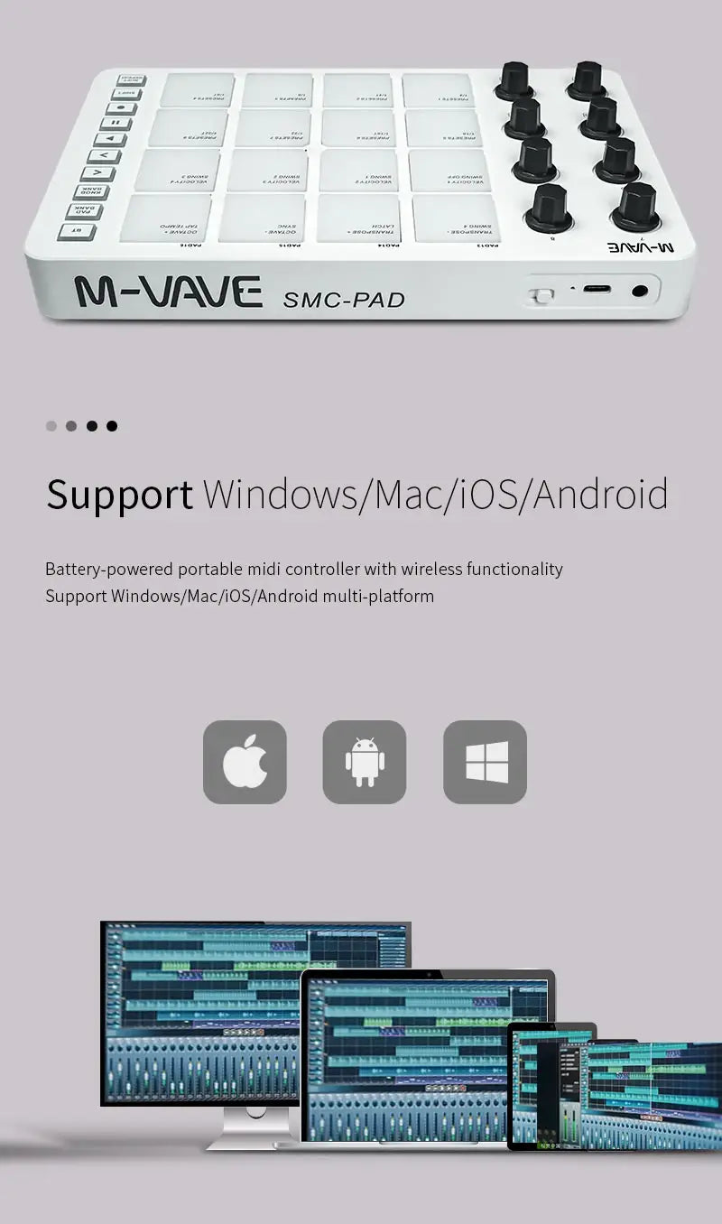 M-VAVE SMC-PAD MIDI Controller Keyboard BT Strike Pads RGB Backlight MIDI Connection Low Latency 3.5mm Output Interface Pad RGB