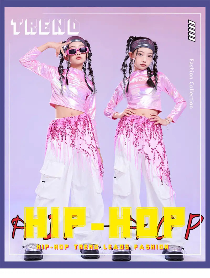Pink Hip Hop Costume Girl Long Sleeve Laser Crop Top Shirt White Pant Sequin Hip Scarf Kids Stage Clothes Glitter Metallic Shiny