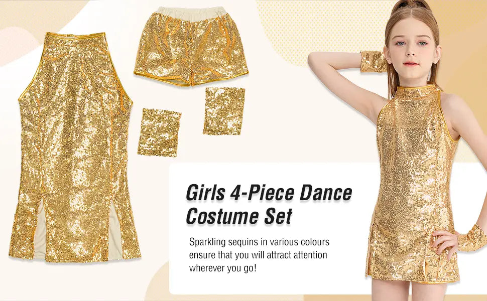 LOlanta Girls Sequins Dance Clothes Dress 4-12 Years Sparkle Hip Hop Jazz Dance Outfit Sleeveless Top and Shorts