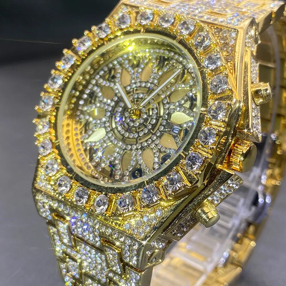 MISSFOX Hip Hop Wristwatch For Men Luxury lce Out Full Diamond Watches Fashion Green Watch Wterproof Week Display Clock 2025