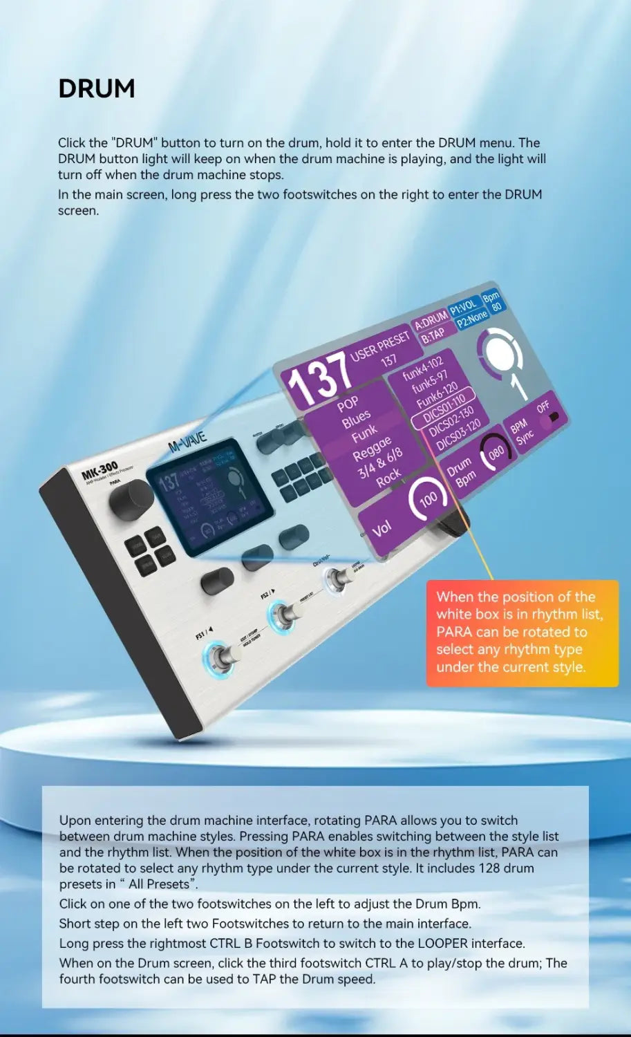 M-VAVE MK-300 Electric Guitar Multi-Effects Processor 150s Looper 128 Drums MIDI DAW 10h Battery ANN Pedal Guitarra Accessories