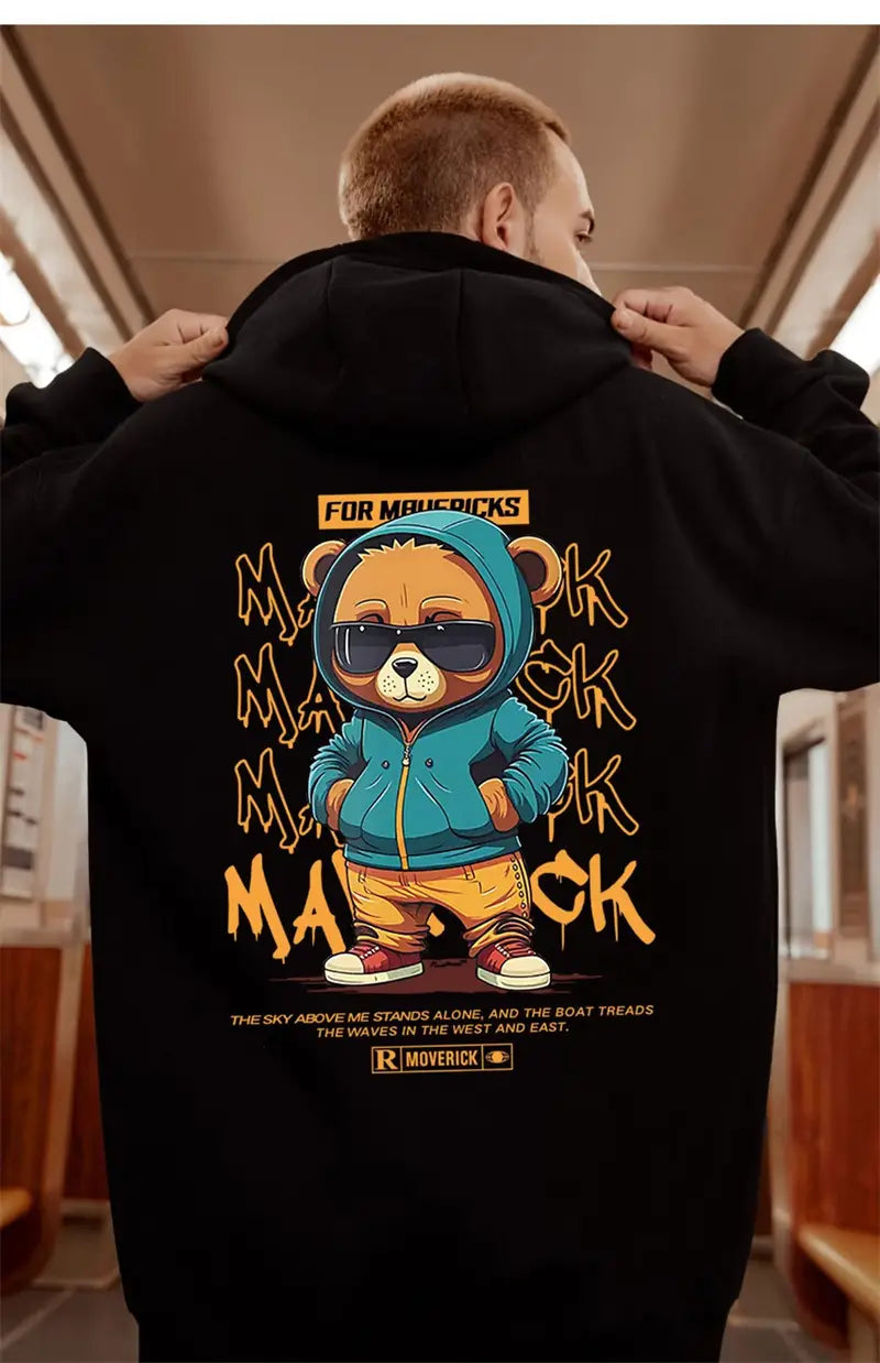New in Hip Hop Bear Graphic Print Hoodies For Men Oversized Streetwear Y2K Hoody Sweatshirts Fleece Casual Pullover Hoodie