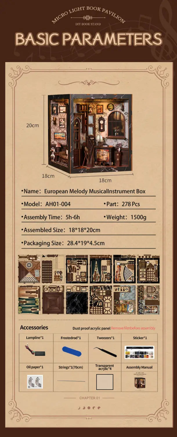 European Melody Musical Instrument Box DIY Miniature House 3D Puzzle Bookend Model Wooden Bookend. Creative Gift