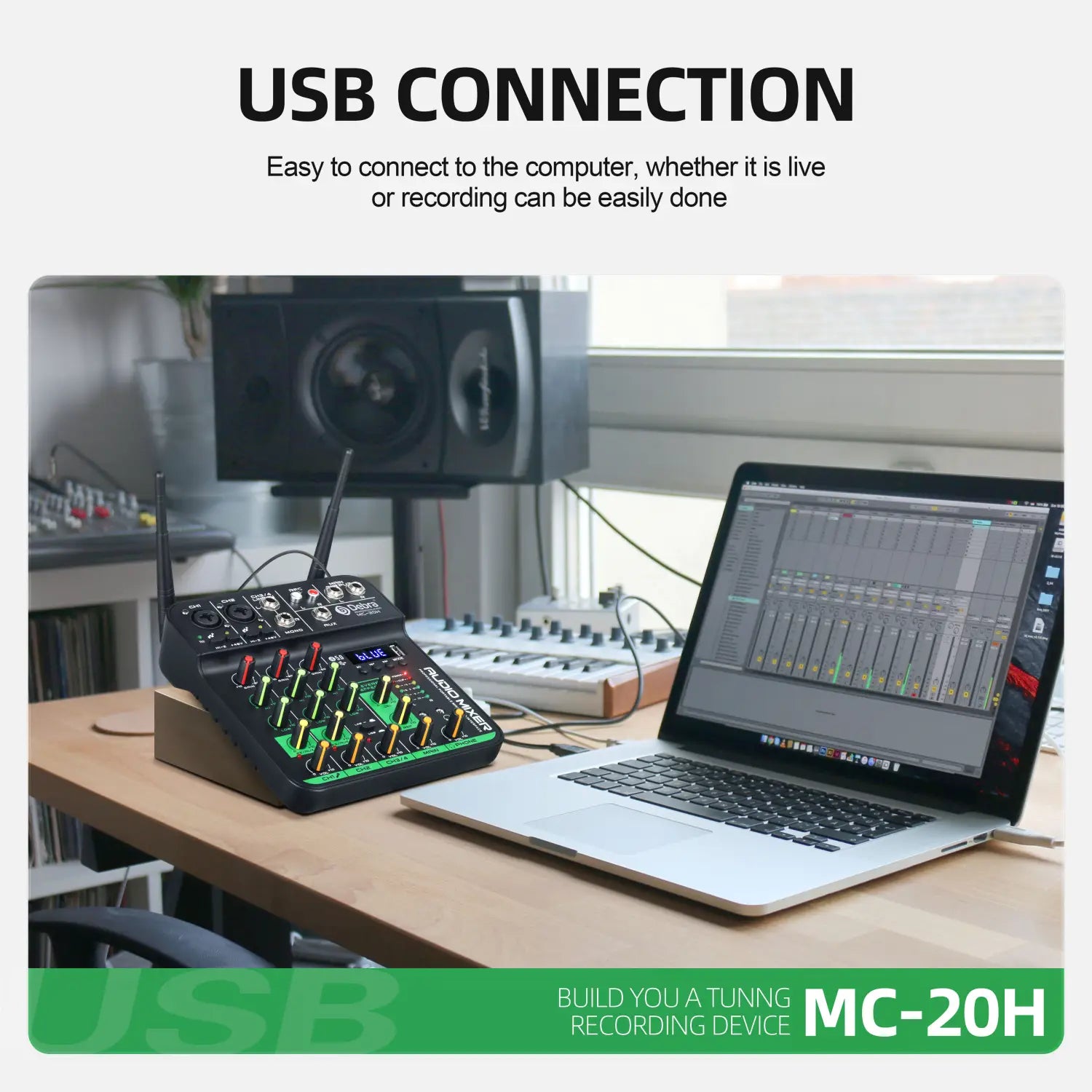 Audio Mixer With 2 Wireless Microphone Soundcard 4 Channel UHF USB Delay Repaeat Effect Sound Mixing Console PC Recording