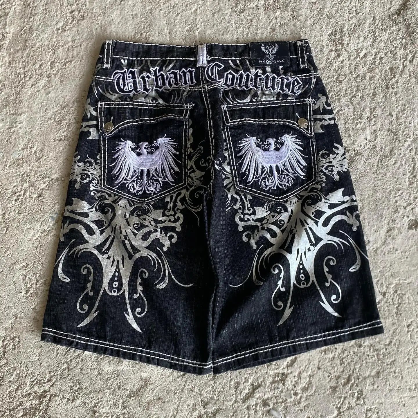 Denim shorts hip hop heraldic embroidered boy and girlfriend punk casual basketball shorts Y2K Harajuku retro street wear