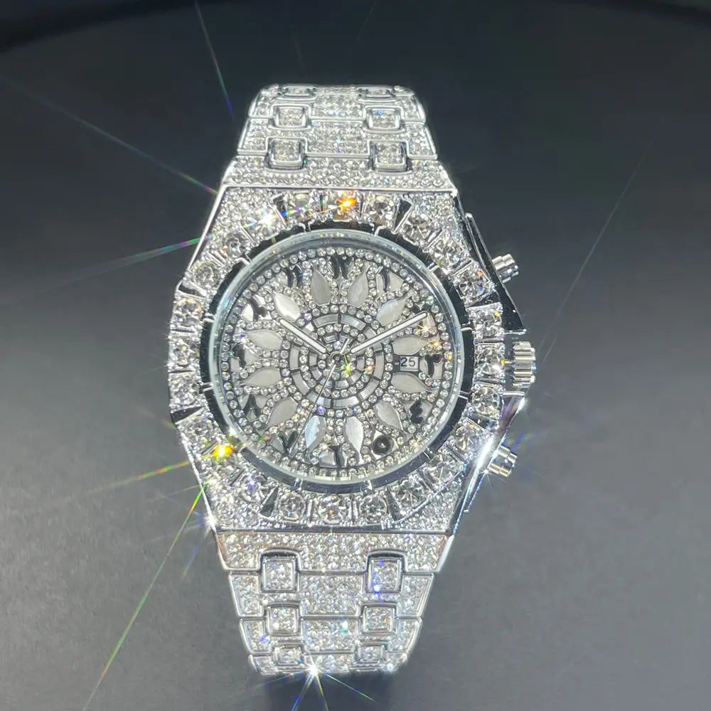 MISSFOX Hip Hop Wristwatch For Men Luxury lce Out Full Diamond Watches Fashion Green Watch Wterproof Week Display Clock 2025
