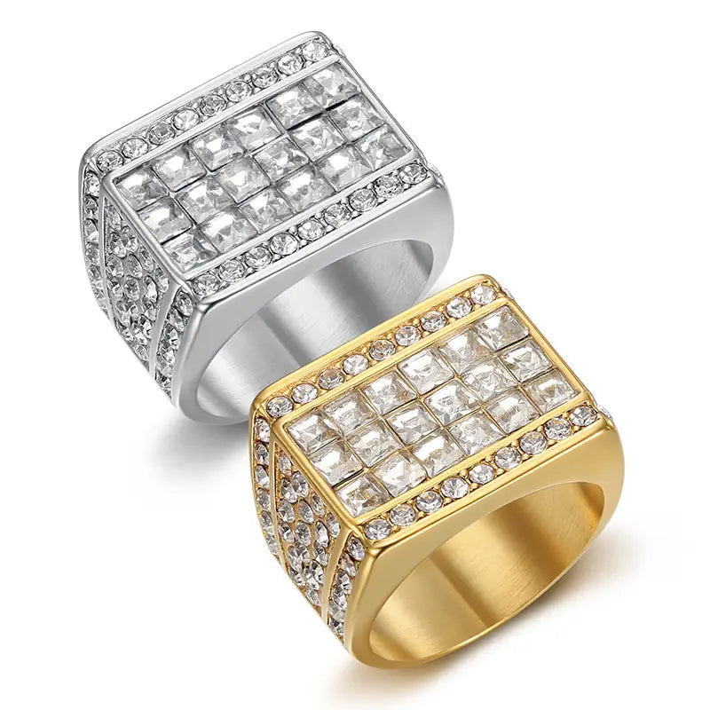 HIP Hop Rhinestone Paved Bling Iced Out Stainless Steel Geometric Square Finger Rings for Men Rapper Jewelry Gift
