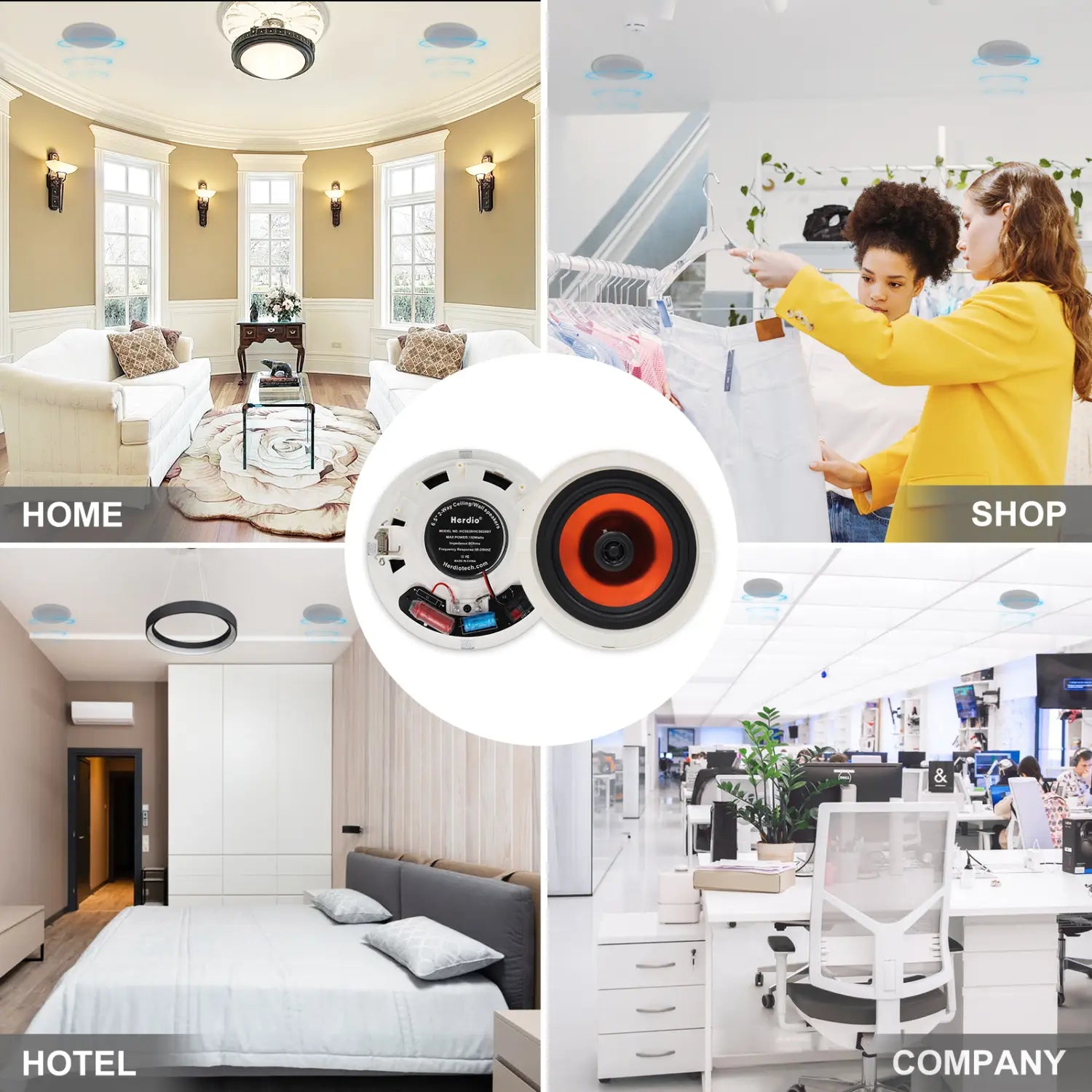 Herdio 6.5 Inch Home Audio 300W Ceiling Bluetooth Speaker Home Recessed Speaker System For Indoor Kitchen Bedroom Bathroom 2PCS