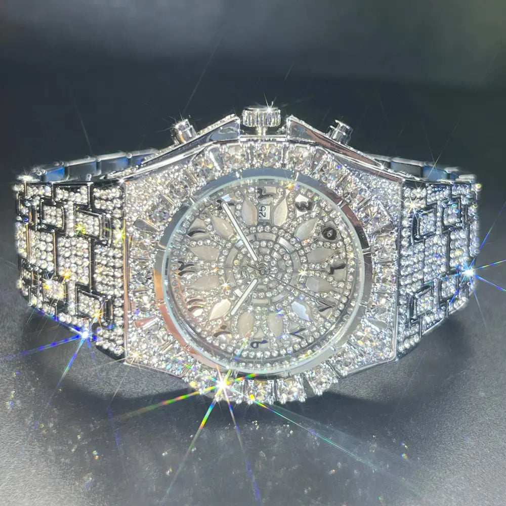 MISSFOX Hip Hop Wristwatch For Men Luxury lce Out Full Diamond Watches Fashion Green Watch Wterproof Week Display Clock 2025