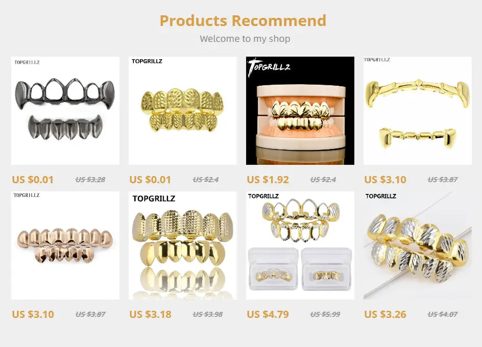 TOPGRILLZ 8/8 Hip Hop Teeth Grillz Set Gold Silver Color Top & Bottom Body Jewelry Punk Cosplay Party Tooth Grills Gifts