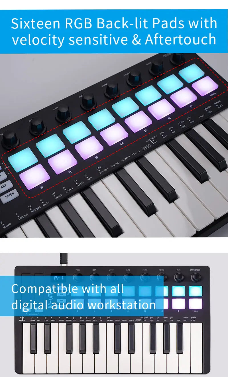 M-VAVE SMK-25 MIDI Pad Controller Rechargeable Keyboard USB 25 Key,16 RGB Drum Pads,8 Knobs&Music Production,Software Included