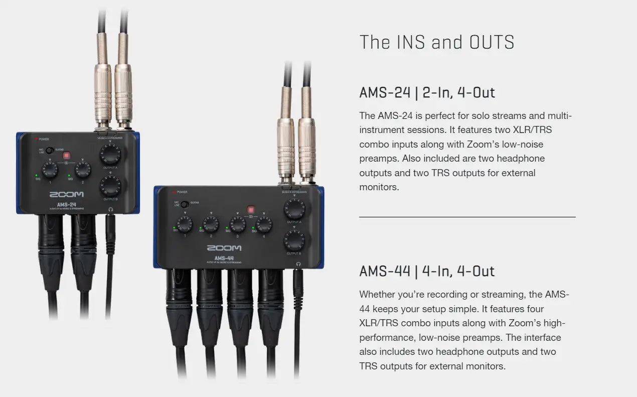 ZOOM AMS-24 USB Audio Interface for Musicians & Podcasters with 2 Inputs 4 Outputs for Recording and Streaming on PC Mac iOS
