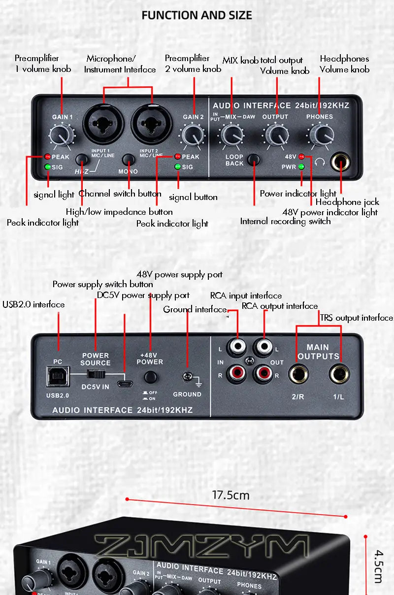 Professional Sound Card Audio Mixer for Electric Guitar - Channel Monitoring Live Recording Studio Singing - USB Interface
