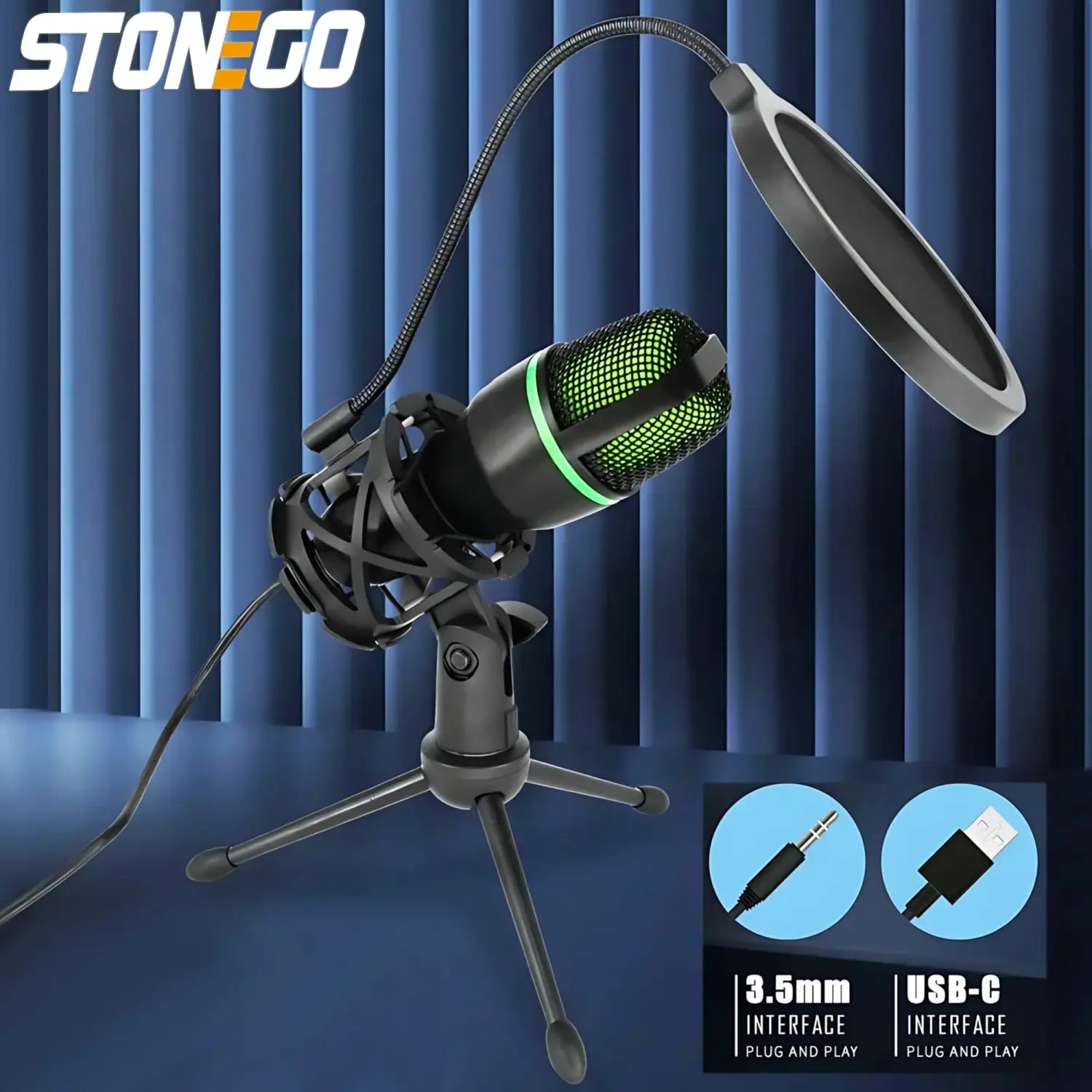Professional Condenser Microphone Kit with RGB Lighting and Tripod Stand for Streaming YouTube Podcasts Recording Audio