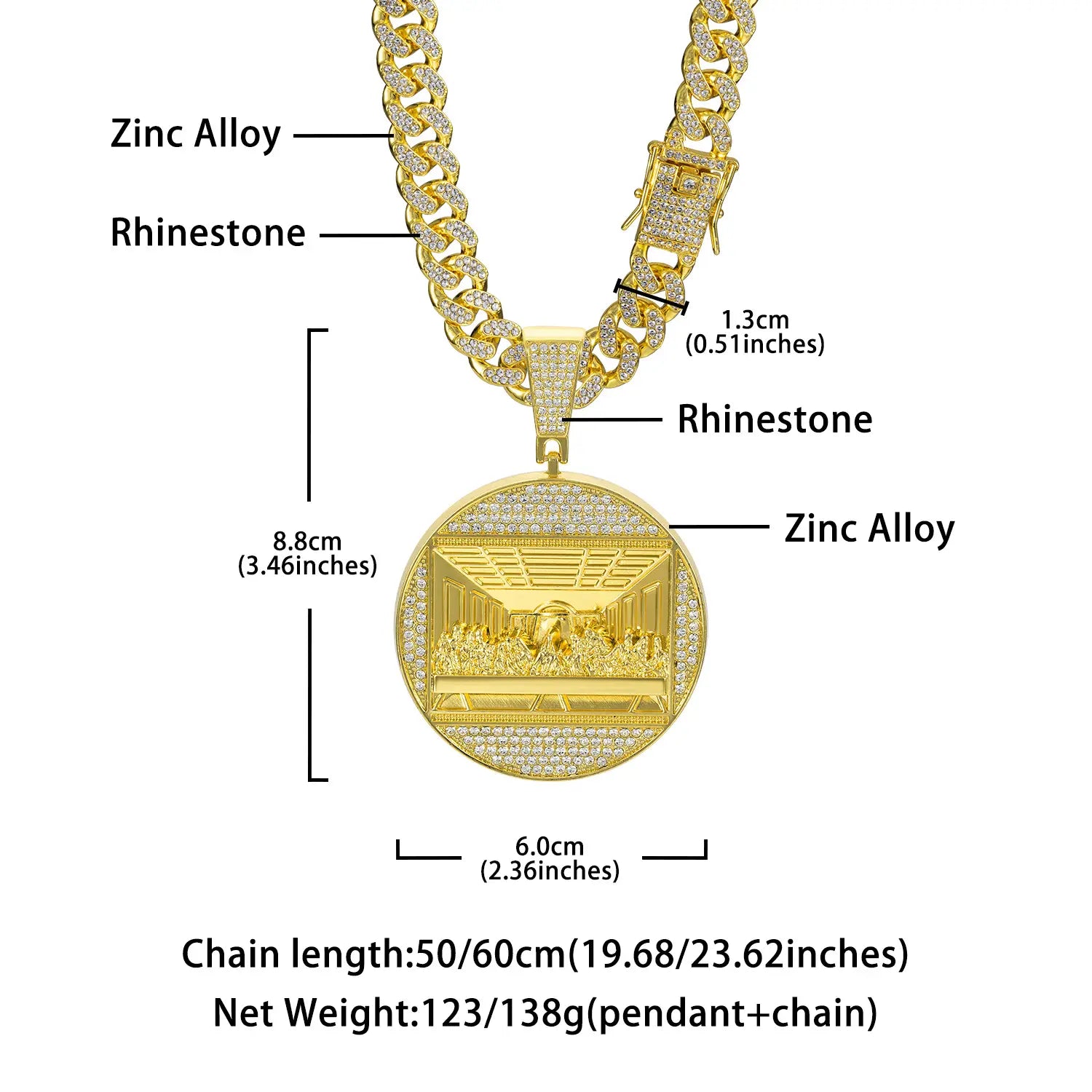 Hip Hop Last Supper Round Pendant Necklace Ice Crystal High Quality 13MM Cuban Chain Rap Jewelry Men and Women Gift