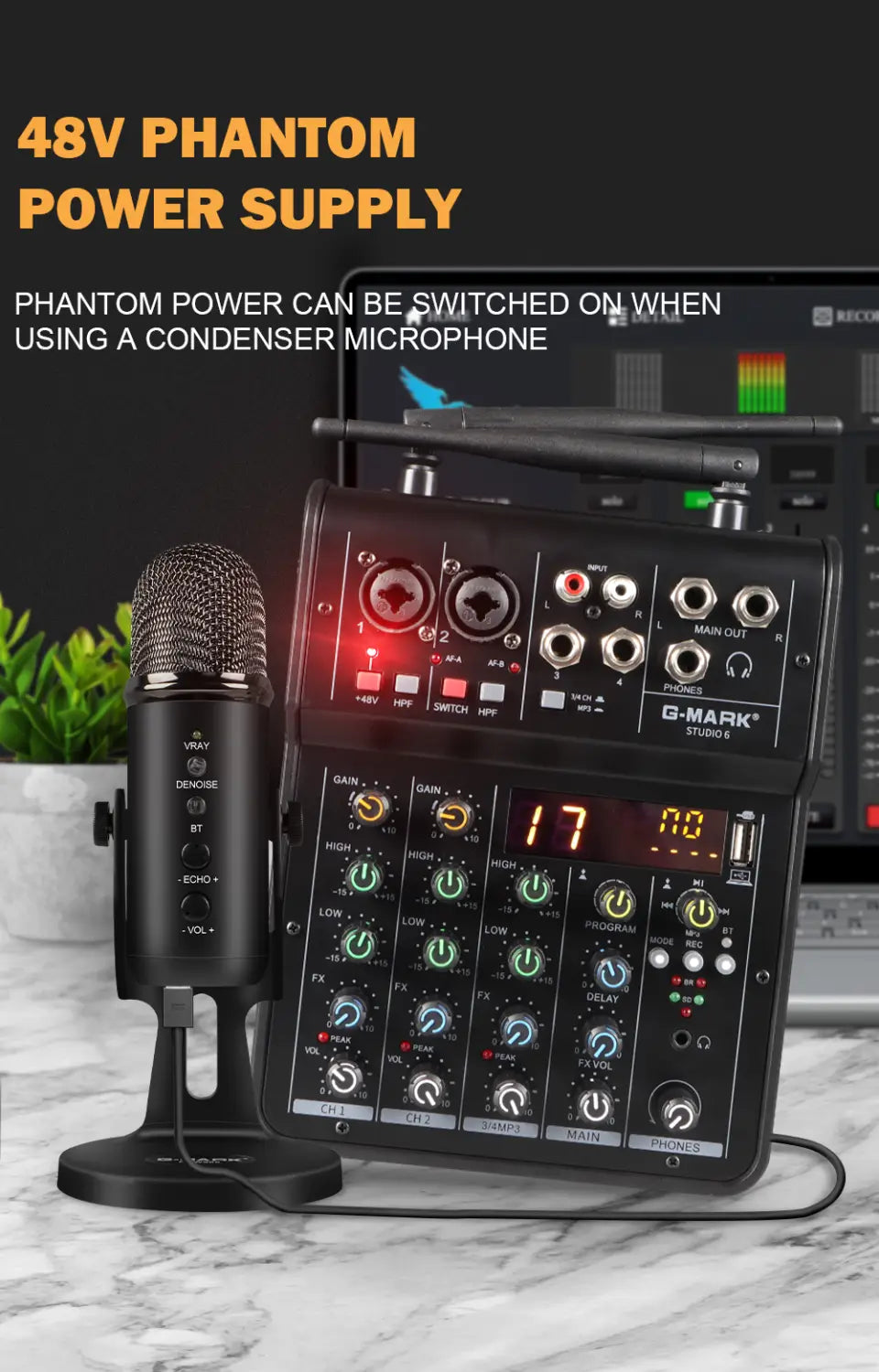 Audio Sound Mixer With Microphone G-MARK Studio 6 Bluetooth Portable DJ Console + 48V USB Interface Mixing Boards For Live
