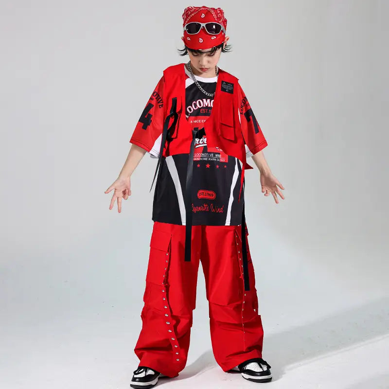 Hip Hop Boys Contrast T-shirt Red Vest Cargo Pants Girls K-pop Street Dance Clothes Sets Kids Jazz Costumes Children Streetwear