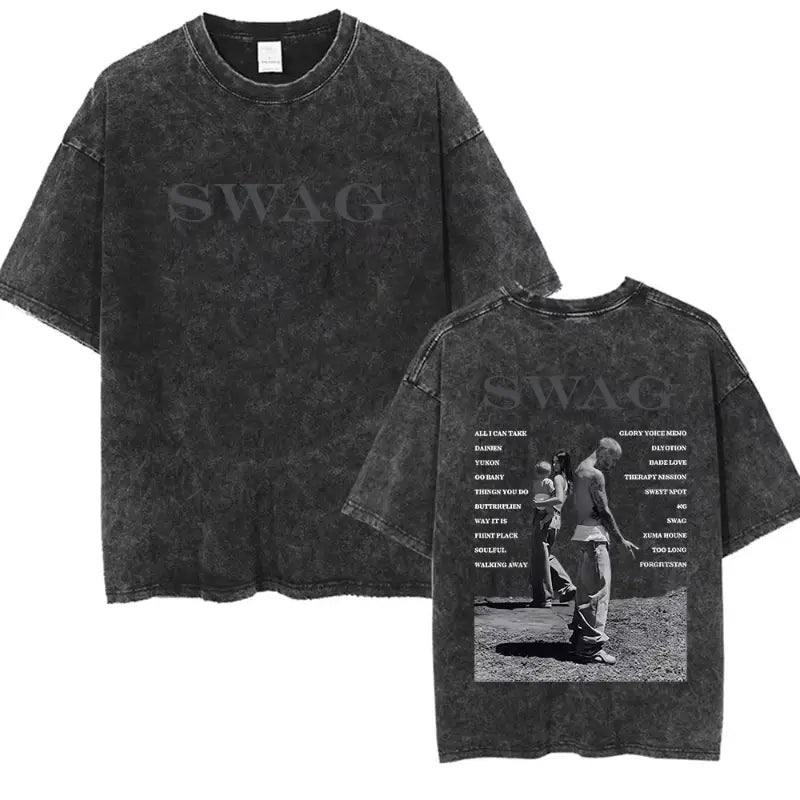 Rapper Justin Bieber SWAG Album 2025 Vintage Washed Graphic T-Shirt Woman’s Hip Hop Loose Fashion Short Sleeve Streetwear