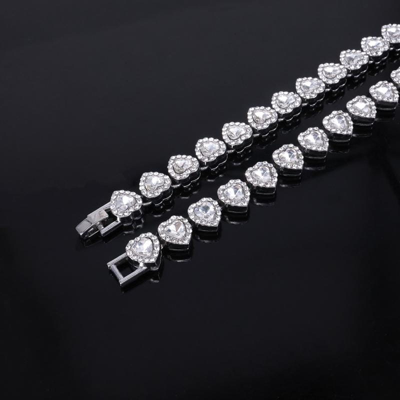 45CM New Hip Hop Tennis Chain Bracelet Necklace Shiny Heart Rhinestone CZ Fashion Rock Party Jewelry