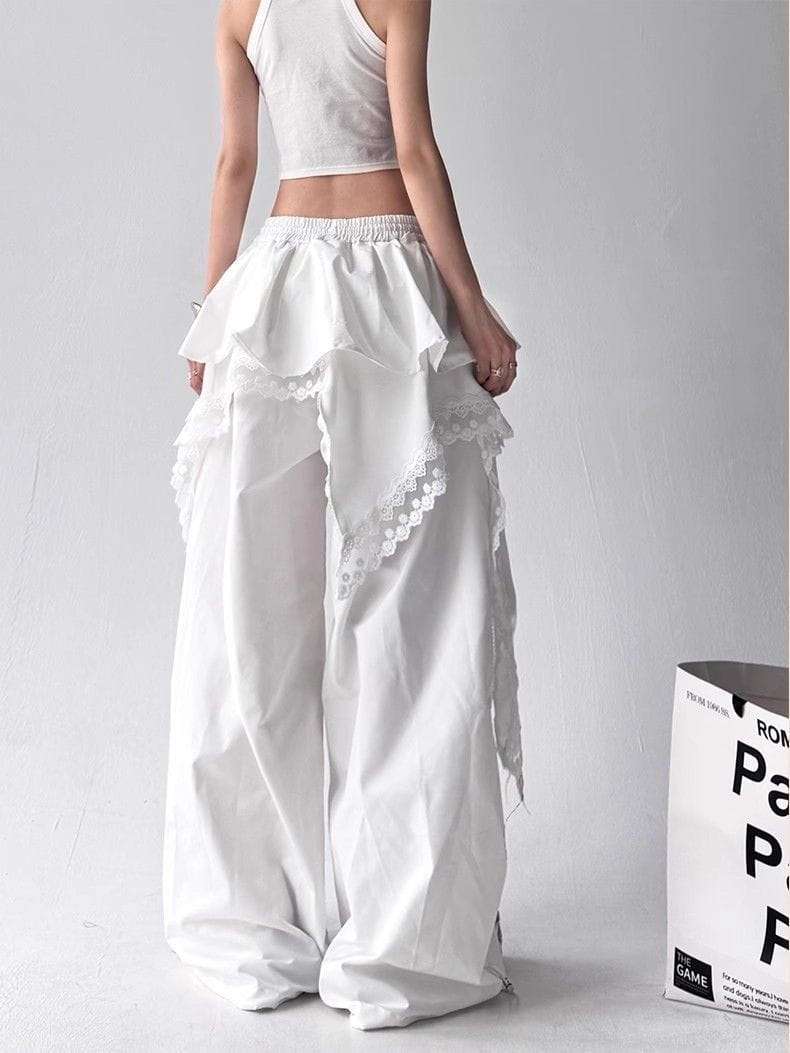 High Quality Lace Tiered Skirt Baggy Full Length Pants Hip Hop Dance Sexy Women Girls Casual Summer Trousers Elastic Drawstring