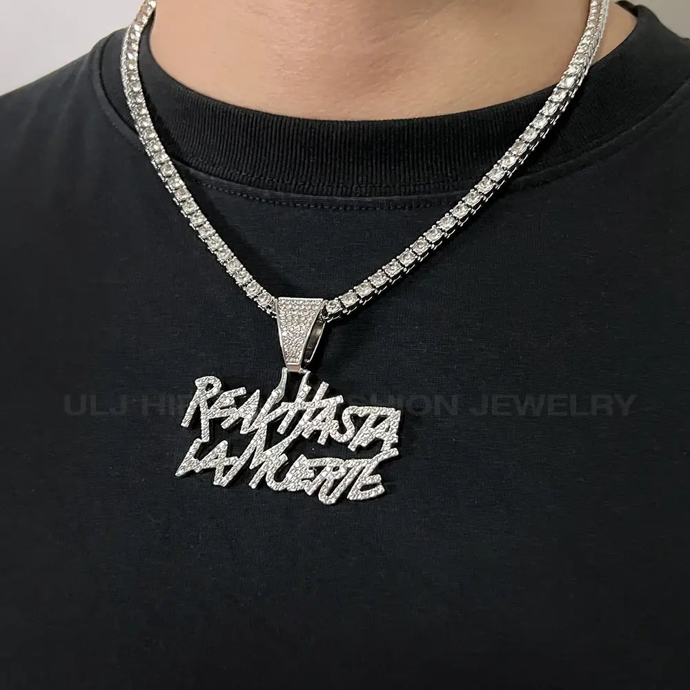 Hip Hop Street Style realhasta lamuerte Letter Bling Pendant Necklace 4mm Bling chain Iced out Bling For Rapper Cool Jewelry
