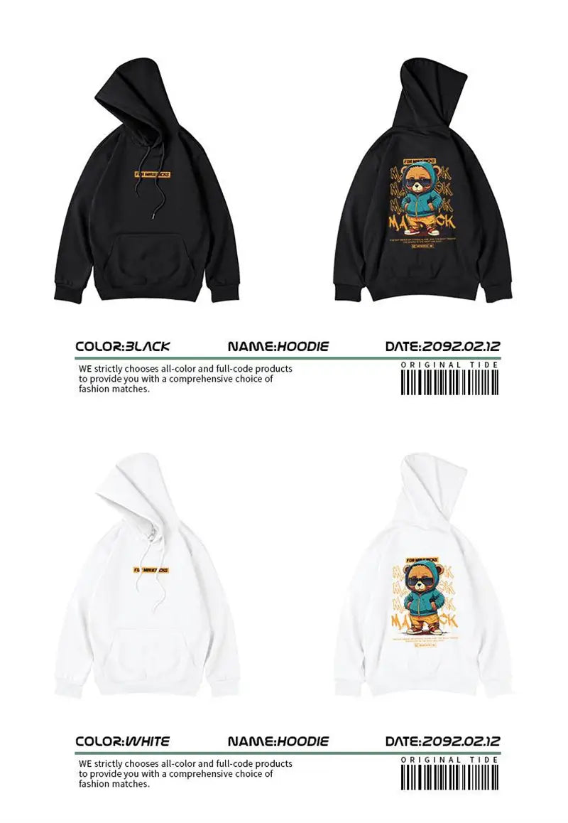 New in Hip Hop Bear Graphic Print Hoodies For Men Oversized Streetwear Y2K Hoody Sweatshirts Fleece Casual Pullover Hoodie