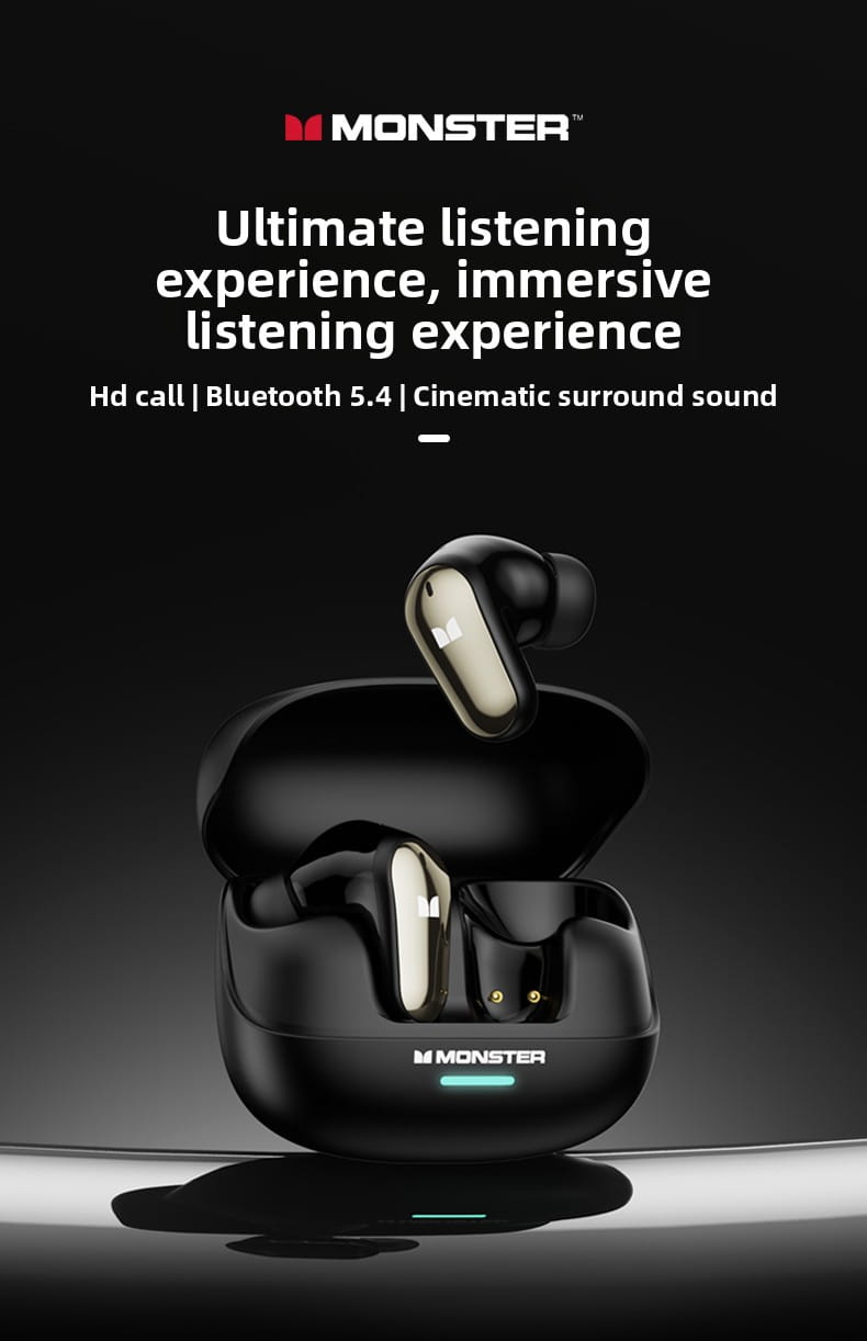 New Monster MQT52 TWS Wireless Bluetooth 5.4 Headset HIFI Stereo Music Gaming Earphones Talking Noise Canceling Earbuds