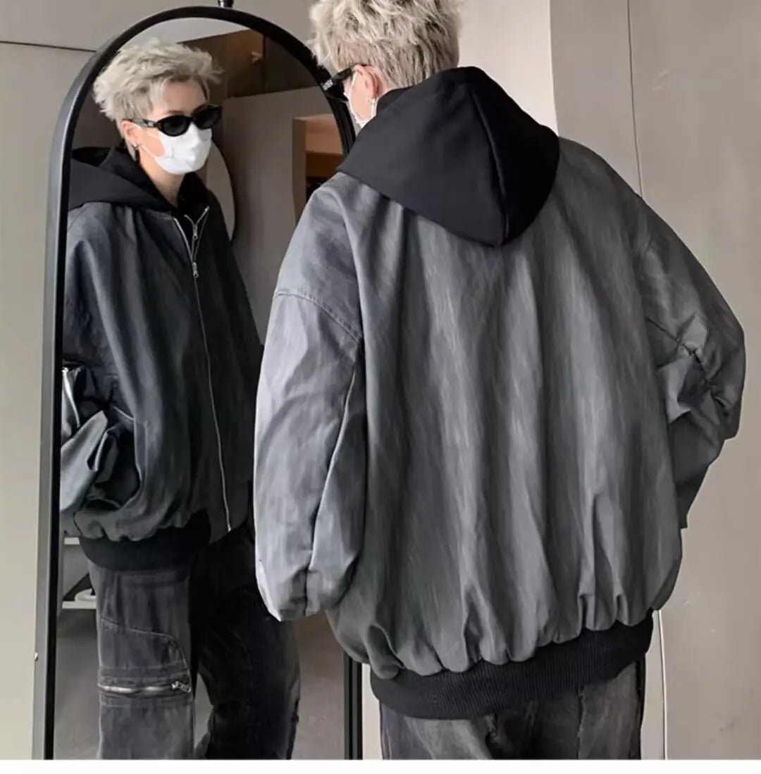 Hip Hop Style Fake Two-Piece Men’s Spring Autumn Baseball Jacket Pilot Coat Leather Shirt Trendy Handsome Hooded Coat