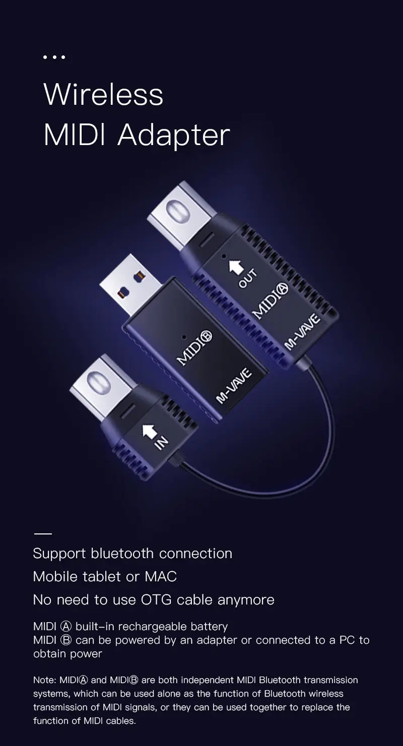 M-VAVE MS1 MIDI Adapter System Wireless 5-pin DIN USB Interface MIDI Master Adapters Piano Keyboard To MIDI Device Connecto