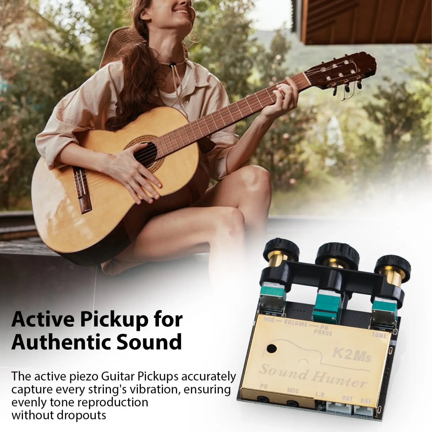 Sound Hunter Acoustic Guitar Sound Hole Pickup Noise Reduction Active Piezo 3-Band EQ Control Musical Instrument Accessories