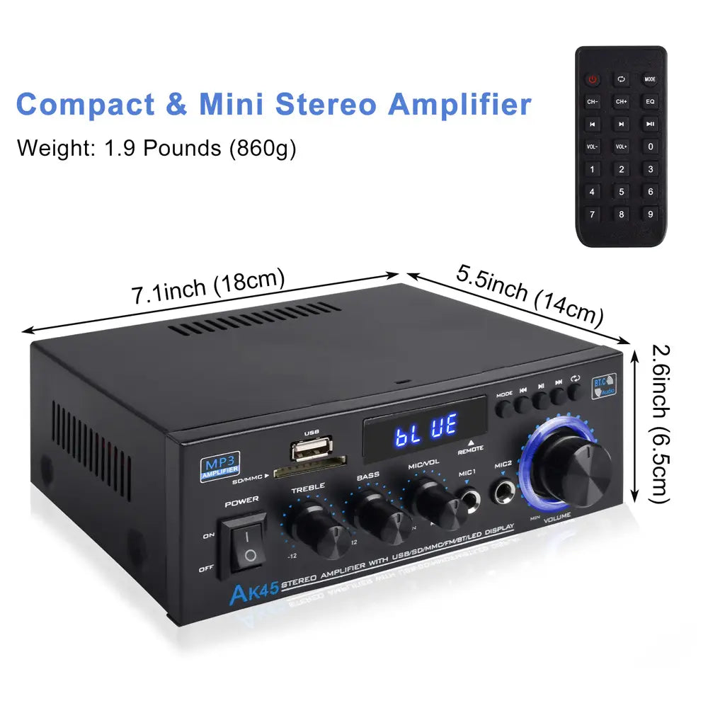 Channel 2.0 Surround Sound HiFi Digital Amplifier AK45 Bluetooth MP3 AMP Support 90V-240V for Home Car MAX 300W*2 for Speakers