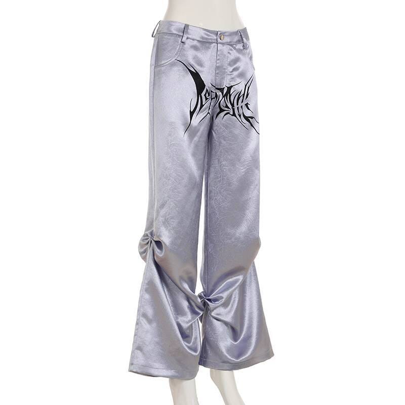 Hip Hop Women High Waist Wide Leg Pants Street Silver Dark Style Satin Pleated Casual Loose Slimming Dance Pants