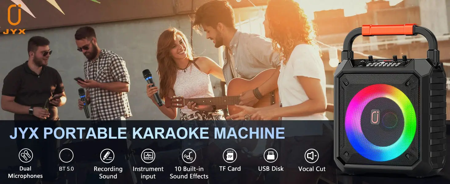 Karaoke Machine with 2 Wireless Microphones Portable Speaker with LED Lights for Kids and Adults Supports Bluetooth/USB/TF/AUX