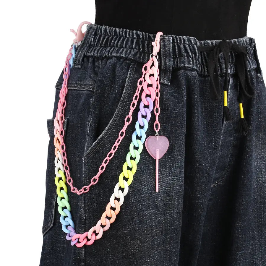 Hip Hop Rainbow Resin Chain Keychain Men Women Waist Chain Multicolor Acrylic Heart Lollipop Pants Trousers Chain Punk Jewelry