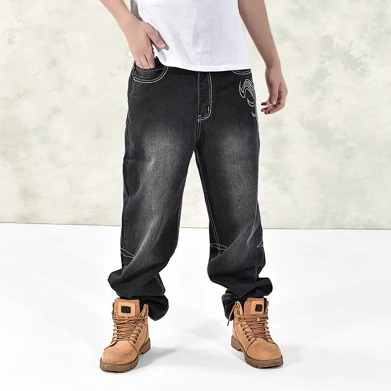 Hip Hop Graphics Embroidered Jeans Men Oversized Loose Fat Guy Skateboard Pants Streetwear Trendy High-quality Denim Trousers